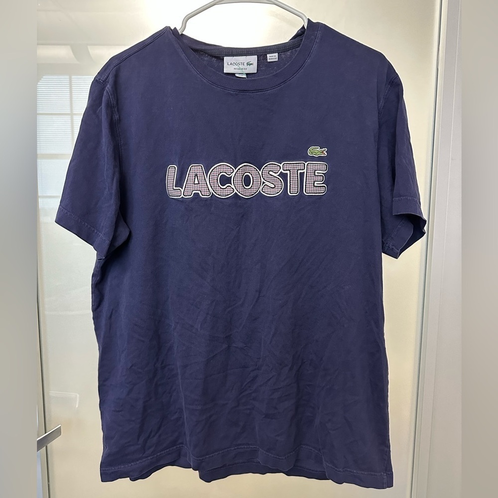 Lacoste Men’s Blue T-Shirt size X-Large Regular Fit raised “Lacoste” print logo
